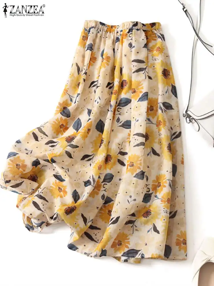 

ZANZEA Women High Elastic Waist Jupes Summer Floral Printing Long Skirt Bohemian A-Line Maxi Faldas Holiday Casual Loose Skirts
