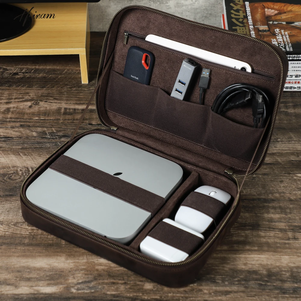Genuine Leather Storage Case For Mac iPad  Mouse Earphone Electronic Accessories Travel Handbag Large Capacity Organizer Box
