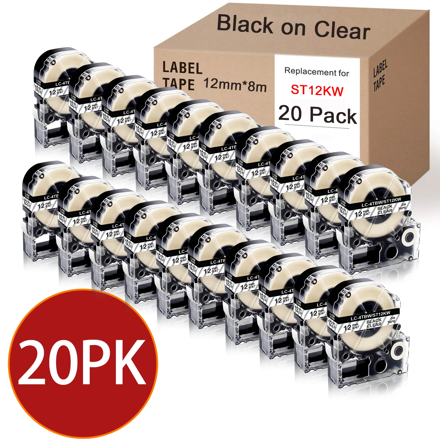 

20Pack ST12KW Tapes for SS12KW LC-4WBN LK-4WBN 12mm Black on White Tape for EPSON Kingjim LW-300 LW-400 LW-600P LW-700 Printer