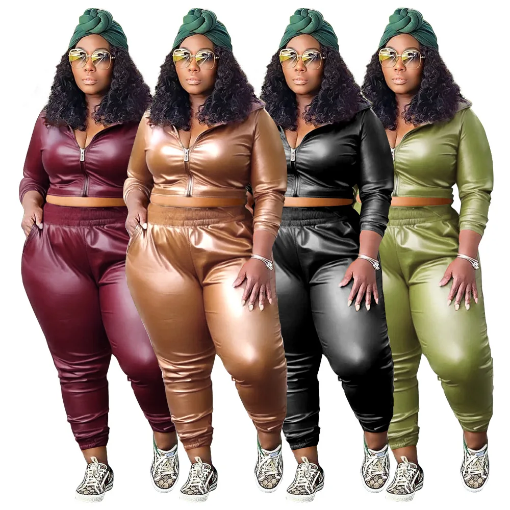 

Plus size Women's Clothing Fashion Casual Solid Color PU Leather Two-piece Set Long Sleeve Jacket and Pants Club Party Suit