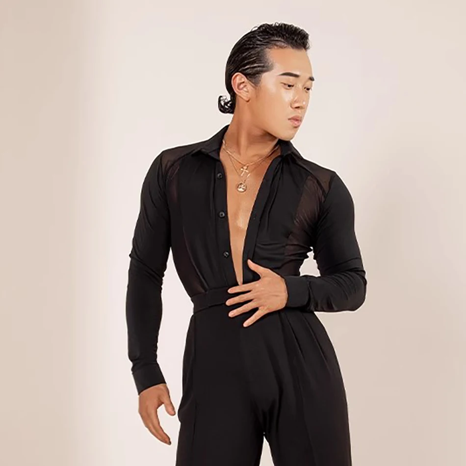 LongSleeveandButtonDesignTopsMaleLatinDanceClothforMen