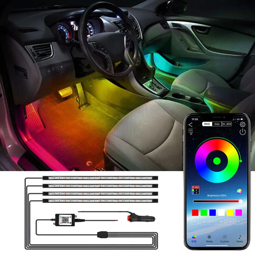 

LED Car Foot Light Ambient Lamp With USB Wireless Remote Modes Multiple Interior Lights Car Lights RGB Control Decorative V7S1