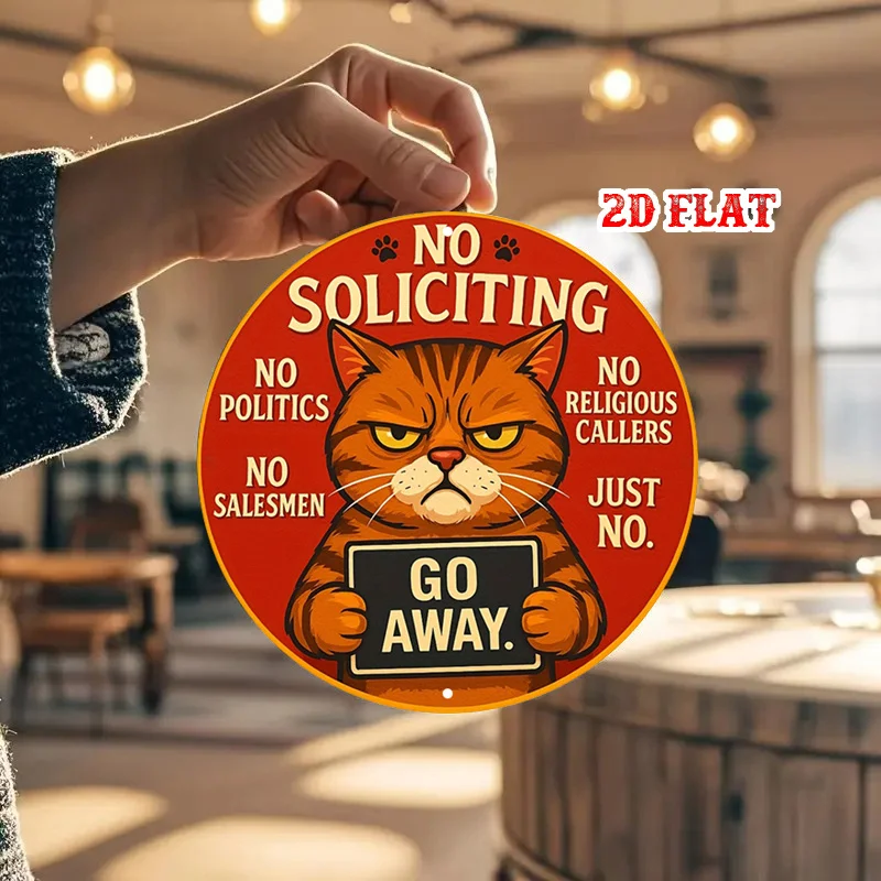 2D Flaches, lustiges Metallschild mit der Aufschrift „No Soliciting“ – wütende Katze und der Text „Go Away“ für die Dekoration von Wohnzimmer, Büro, Café – Detail 8