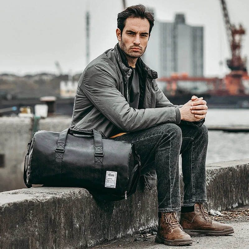 Large Capacity PU Leather Travel Duffle Bag Waterproof Fitness Gym Bag With Shoes Pocket Weekend Luggage Bag Male Hand Tote bag