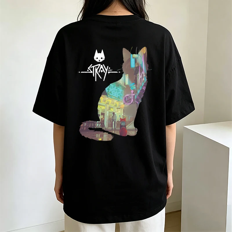 Neues Stray Game Cat Harajuku Casual T-Shirt für Damen, lässige Mode, locker geschnitten, niedliche Katze, Rundhalsausschnitt, reine Baumwolle, Kurzarm-T-Shirt
