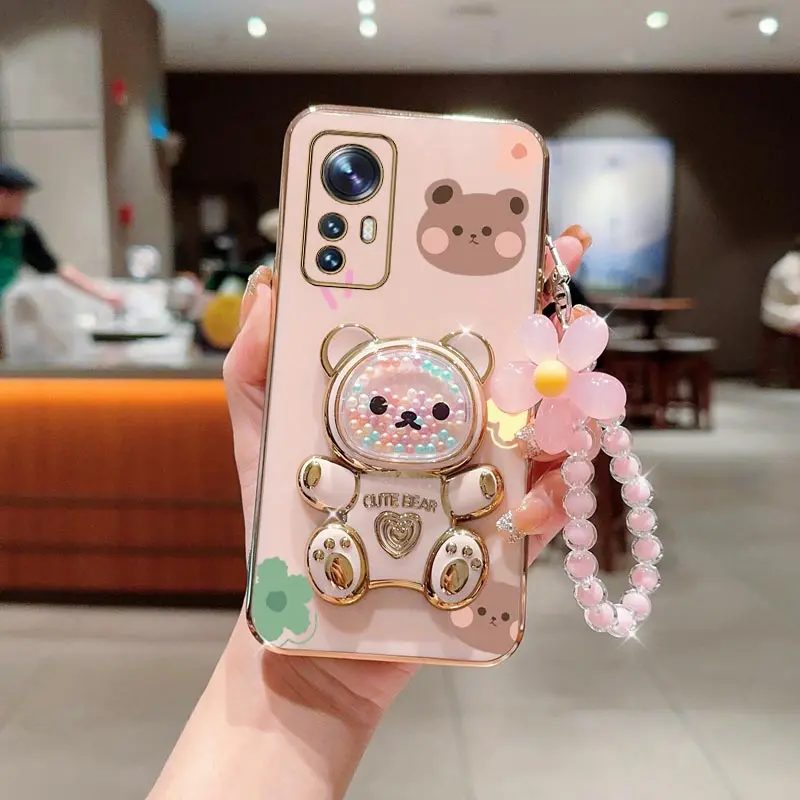 Floral Lanyard Phone Holder Case with Cute Bear and Stand Cover