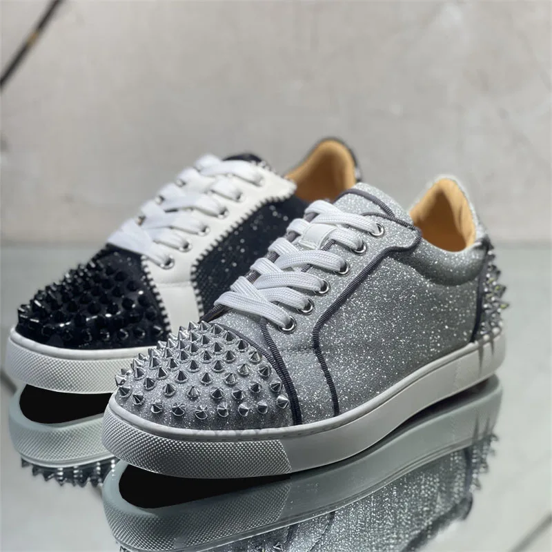 

Fashion Brand Designer Black Silver Style Red Bottoms Low Top Rivet Shoes For Men's Casual Flats Loafers Women's Spikes Sneakers