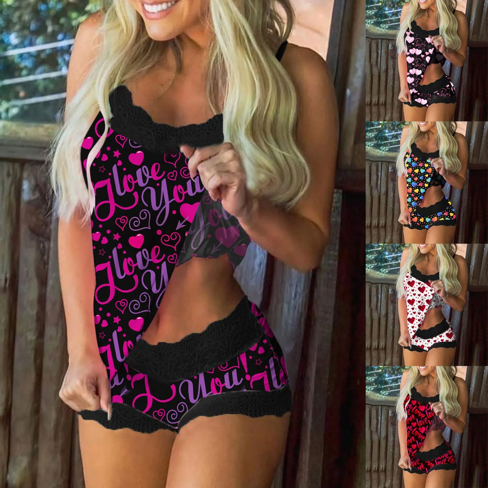 

Sleeveless Pajamas Shorts Women Print Lingerie Sleepwear Lace Set Chemise Nightgowns for Women