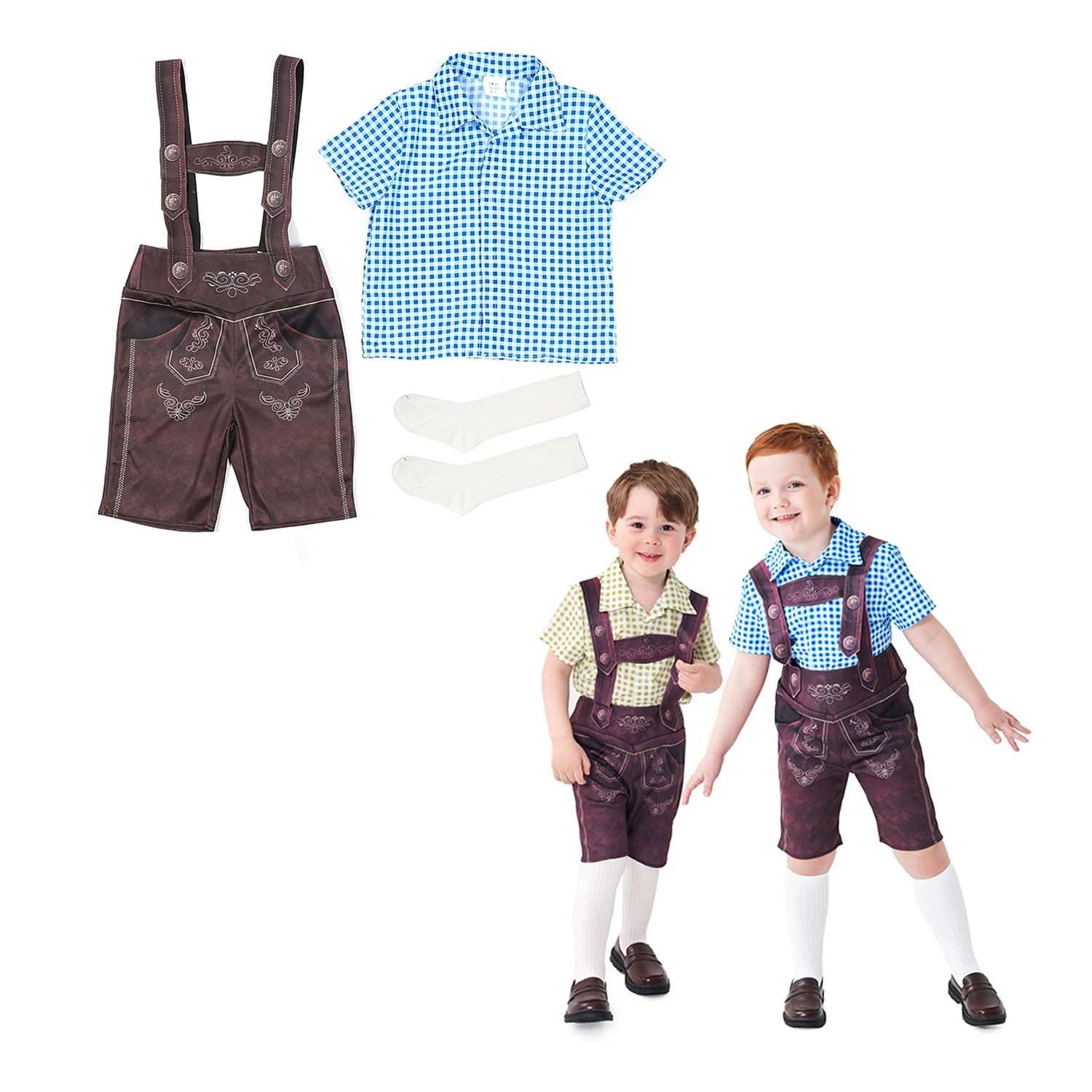 Kids Boys Oktoberfest Costume Dirndl Bavarian Plaid Cosplay Shirt Pants Carnival Halloween Fancy Party Dress