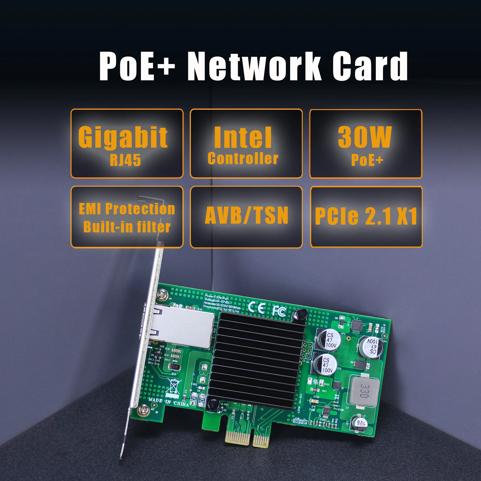 AVB/TSN 기능을 갖춘 PoE+ 네트워크 카드, 기가비트 이더넷 RJ45 LAN 포트, PCIE 2.1 X1 인터페이스