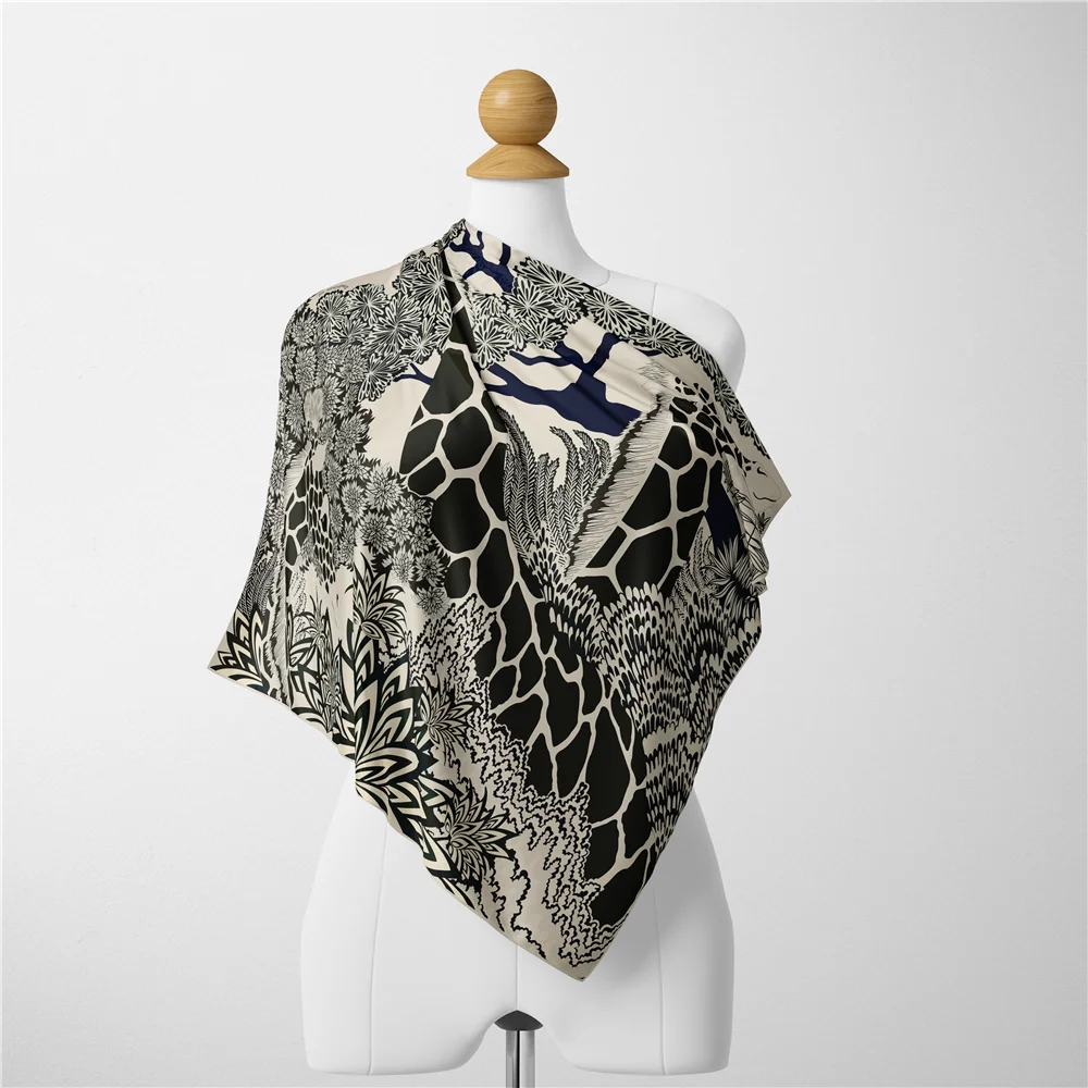53 cm Marke Giraffe Quadrat Schal Frau 2024 Design Silk Schal Frauen Bandana Luxus Stirnband Hijab Halstuch – Detail 9