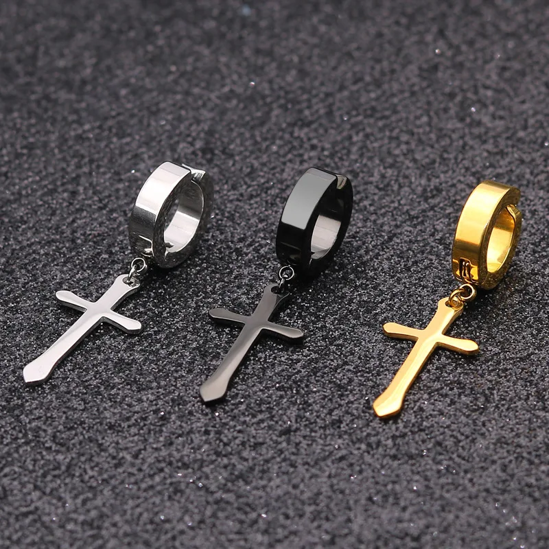 Fashion Titanium Steel Cross Ear Clip Earrings For Men Women Stainless Steel Punk Black Single Earring Fake Earrings Jewelry 5
