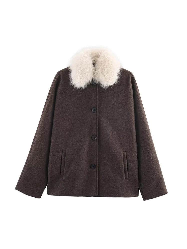 Fashion Women's Woolen Coat Fur Collar Lapel Pocket Solid Warm Loose Fit Coats 2025 Autumn Winter Elegant Female Streetwear