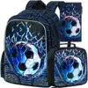 3Pcs Soccer Backpack for Boys, 16" Kids School Bookbag with Lunch Box, Football Backpacks Set for Elementary Preschool Kindergar 1