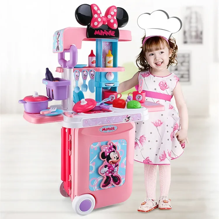 Disney 3 in1 Minnie mouse trolley case kitchen set for kids with light kitchen tableware play house set toys kids birthday gift 2