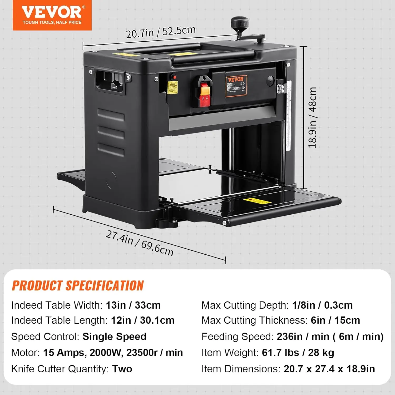 Thickness Planer, 13" Width Worktable Benchtop Planer, Two-Blade, 15-Amp 1800W Powerful Motor, 12" Extended Infeeding Table