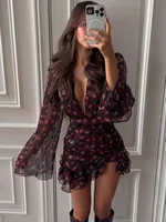 Robe Mini Chic à Volants Peinte à la Main avec Motifs Floraux pour Femmes, Manches Longues, Col en V Profond, Coupe Slim, Robes Trapèze, Robes de Vacances pour Femmes 2026 6