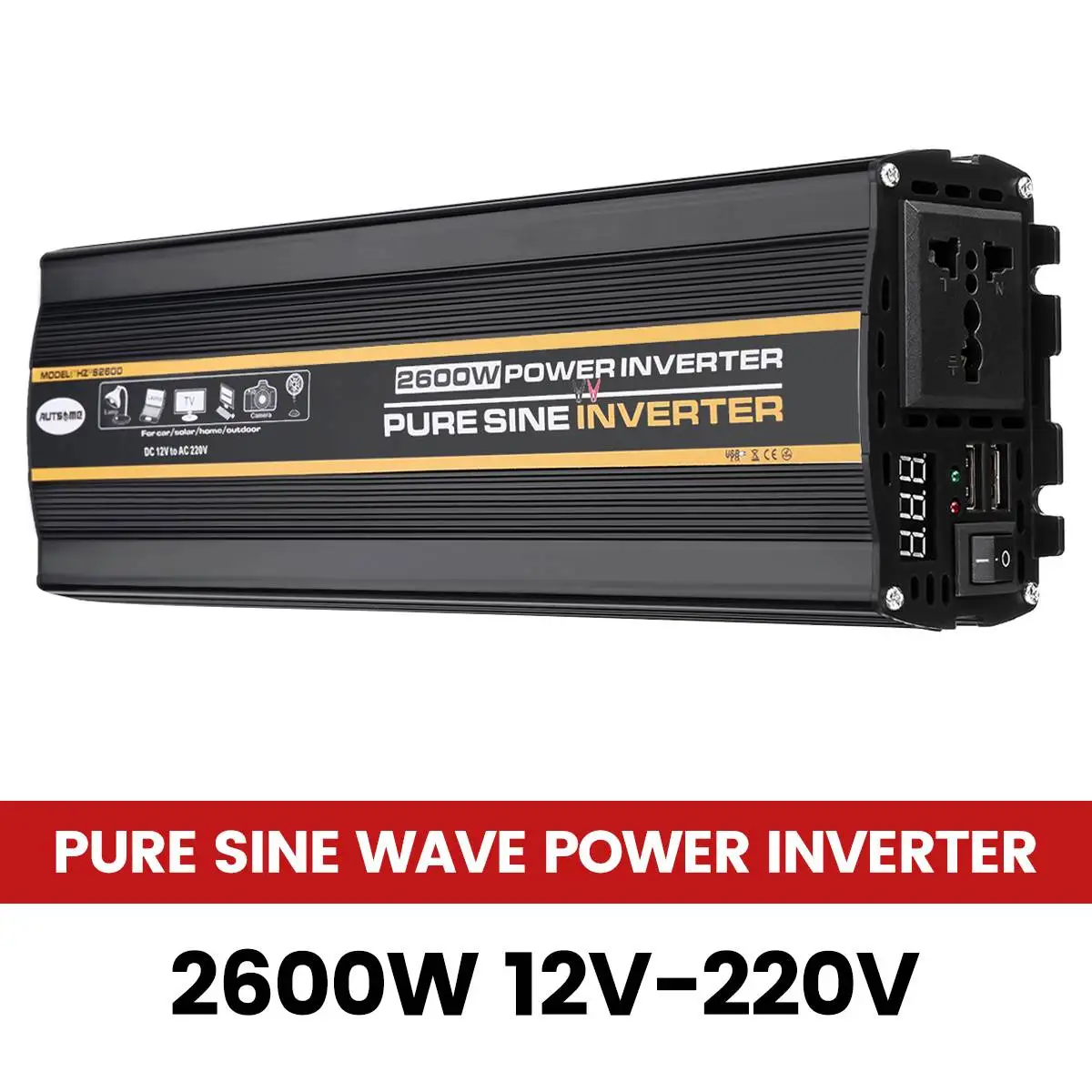 

Инвертор немодулированного синусоидального сигнала, преобразователь от 12 В до 220 В, инвертор мощности, автомобильное зарядное устройство на солнечной батарее с двумя USB-портами и внешним дисплеем для дома и автомобиля