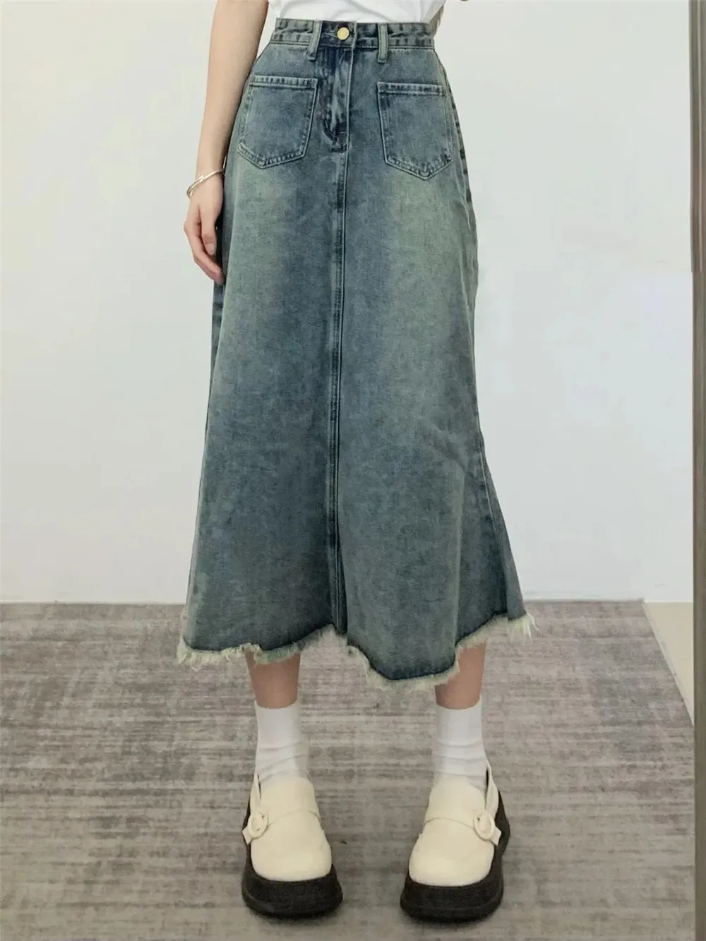 

Fashion Women'S Tassels Long Denim Skirts Korean Y2k Vintage Mermaid High Waist Solid Color Slim Fishtail Office Lady Jean Skirt
