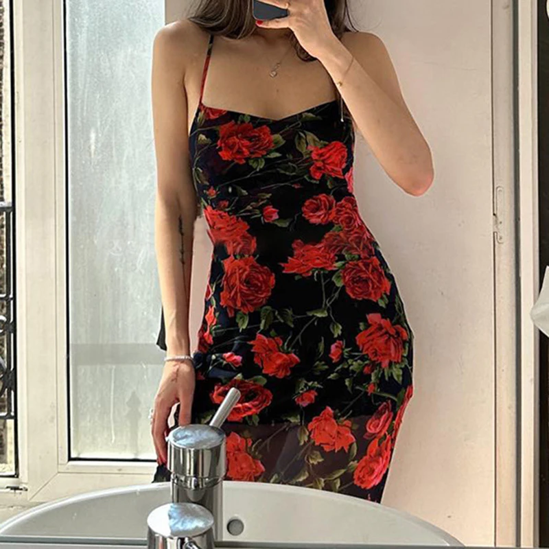 

PASSIONNÉ Rose Print Women's Dress Suspender Backless Slim Wrap Hip Long Dresses Female Sexy 2023 Summer Fashion New
