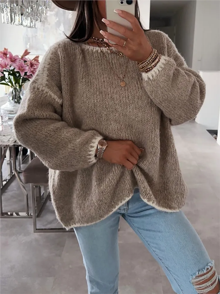 New Autumn Winter Women's Sweater Solid Color Semi-turtleneck Casual Commuter Style Knit Pullover Loose Sweater Simple All-match 1