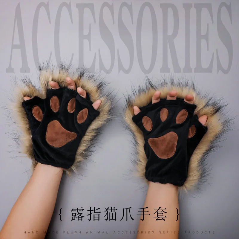 

Hand Make Plush Lolita Animal Ear Animal Claw Accessories Cute Cat Feminine Cat Claw Half Finger Gloves