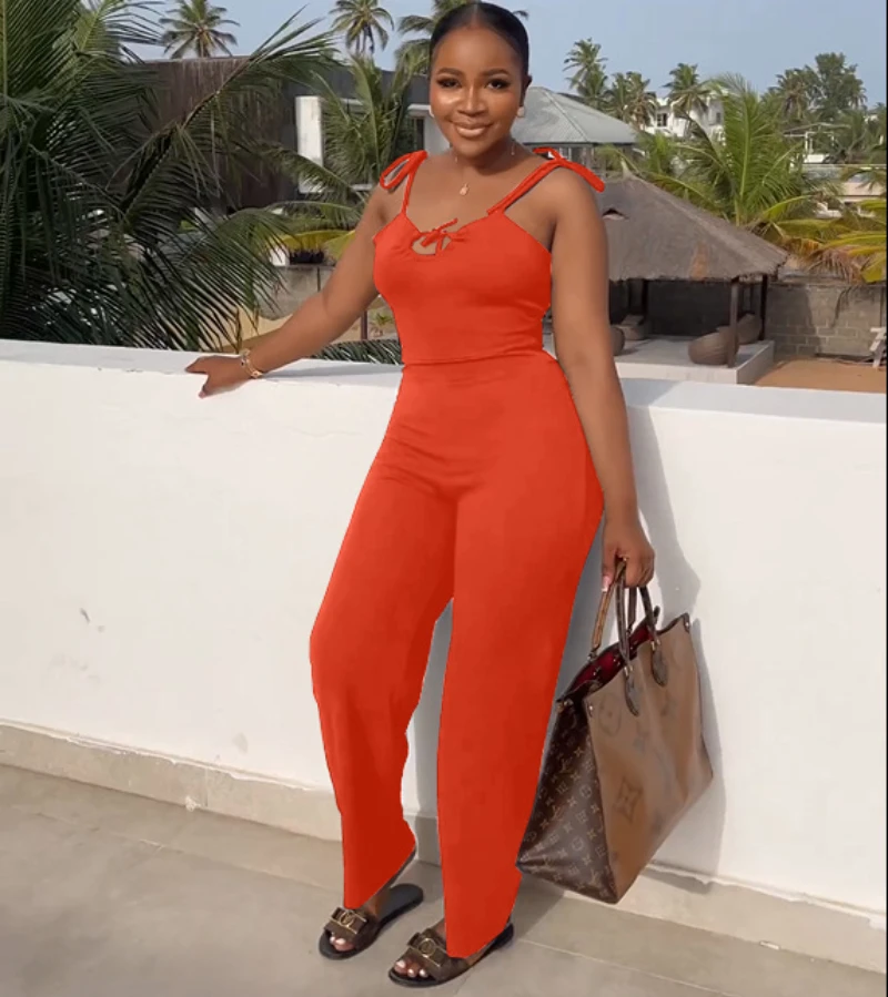 

Summer Wide Leg Jumpsuit Women Sexy U-Neck Solid Strap Halter Sleeveless High Waist Party Jumpsuit Overall Women