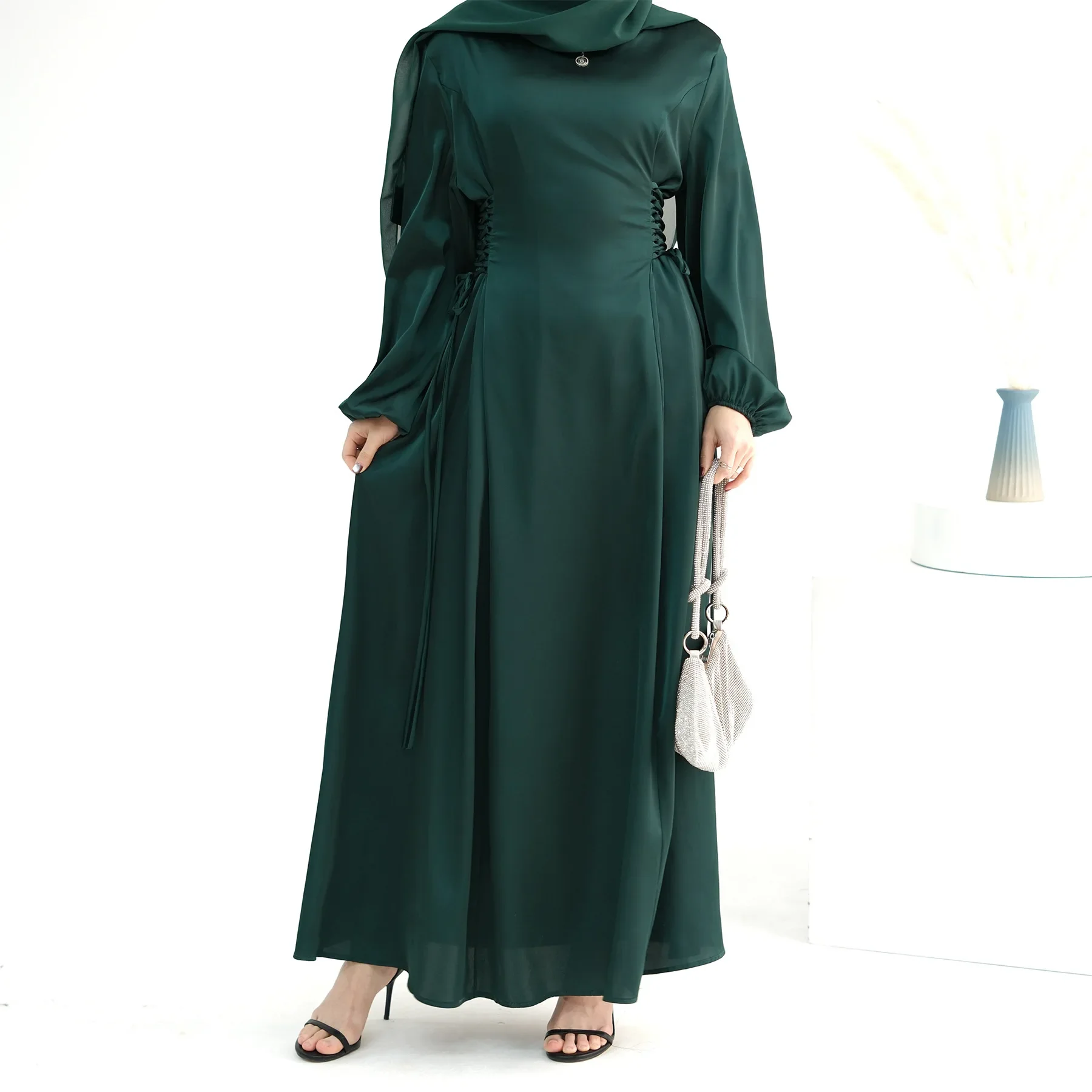 Satin Muslim Dress Plain Abaya Dubai Adjustable Waist Long Party Evening Dresses for Women Luxury Islamic Clothing Kaftan Robe