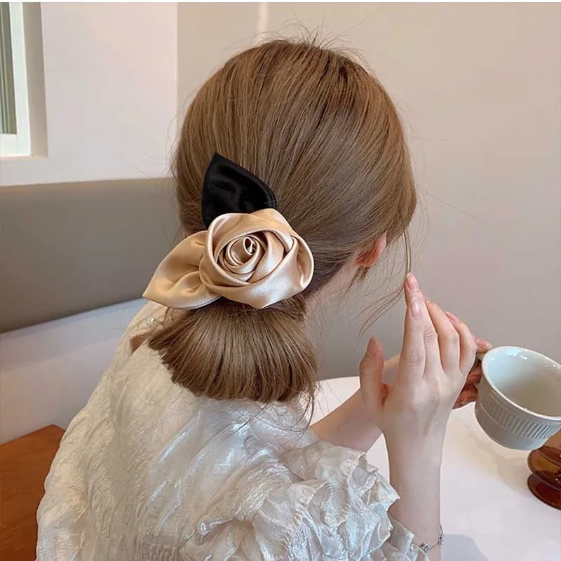 

Fsbella Satin Rose Flower Hairpin Spring Clip Hair Claw Headband for Women Back Head Hairbun Hairpin Barrettes Hair Accessories