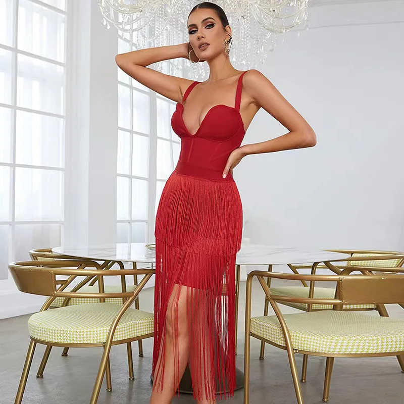

European and American Fashion New Style Bandage Women's Sling Simple Sexy Slim Fit Slimming Sheath Backless Long Fringe Dress