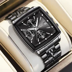 LIGE Fashion Men's Luminous Waterproof Chronograph Wristwatch with Date Function - Square Quartz Design, Includes Box (BLACK)
