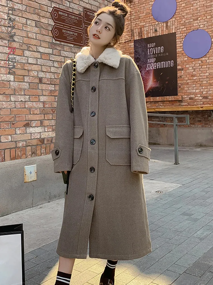 

LANMREM Korean Style Winter Long Warm Coat Women Contrast Color Lapel Pockets Single Breasted Clothing Fashion 2023 New 2AA3788