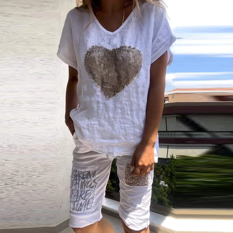

Модный спортивный костюм с принтом, новинка, хлопковый льняной повседневный наряд, летний женский топ с коротким рукавом и V-образным вырезом и шорты, костюм