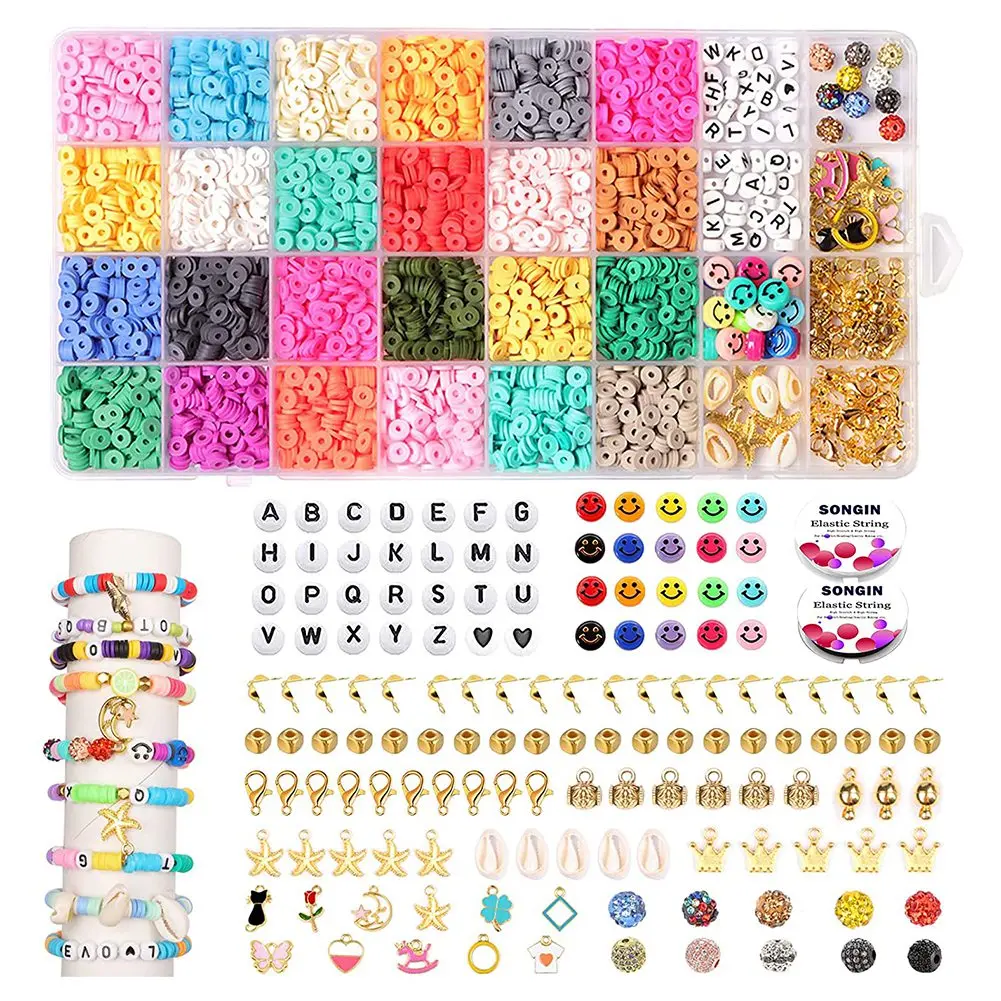 4600Pcs Clay Beads Kits for Bracelets Making , Polymer Clay Flat Round Spacer Preppy Heishi Beads with Pendant Charms