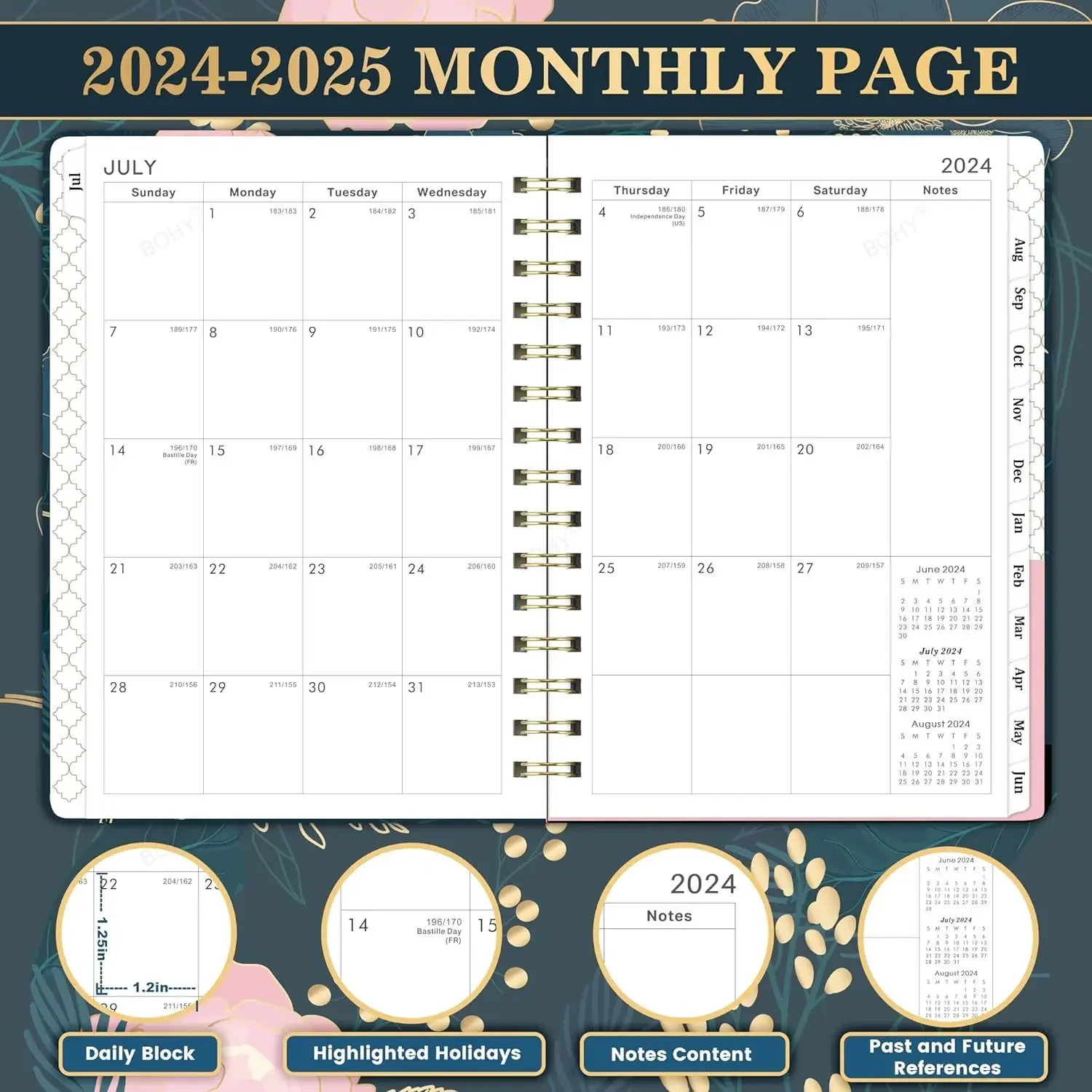 2024 2025 학술 플래너, 주간 및 월별 플래너, 트윈 와이어 바인딩, 180 ° 평면 두꺼운 종이, 월별 탭 내부