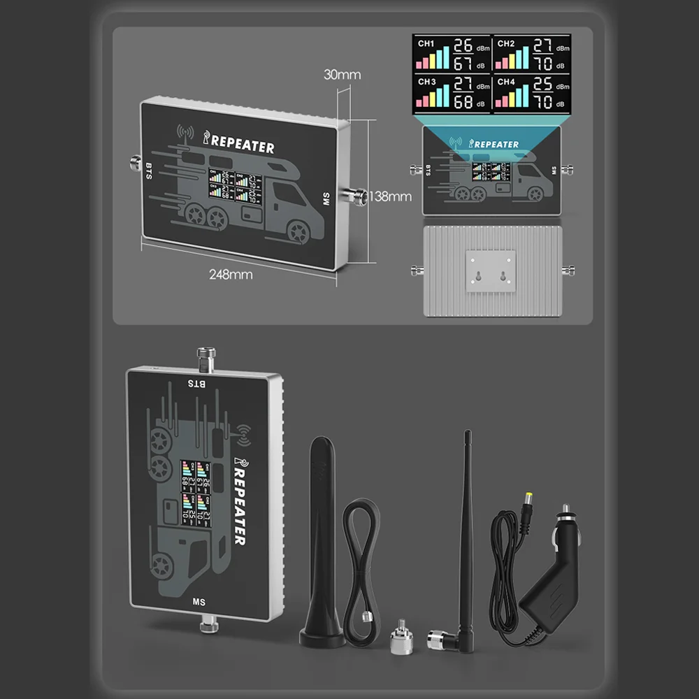GOBOOST 차량용 신호 증폭기, 모바일 LTE 네트워크 리피터, 700 850 900 1800, 2100MHz 셀룰러 부스터 키트, 4 밴드, 3g, 4g, 5g