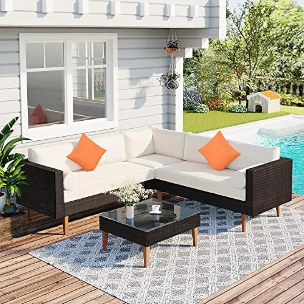 

4-Pieces Outdoor Wicker, Patio Furniture with Colorful Pillows, L-Shape Sofa Set, Beige Cushions and Brown Rattan ﻿Garden Sofas