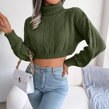 2022 Winter Fashion Women Tops Casual Twist Pullover Long Sleeve High Neck Open Navel Lantern Sleeve Knitted Sweaters 23801 