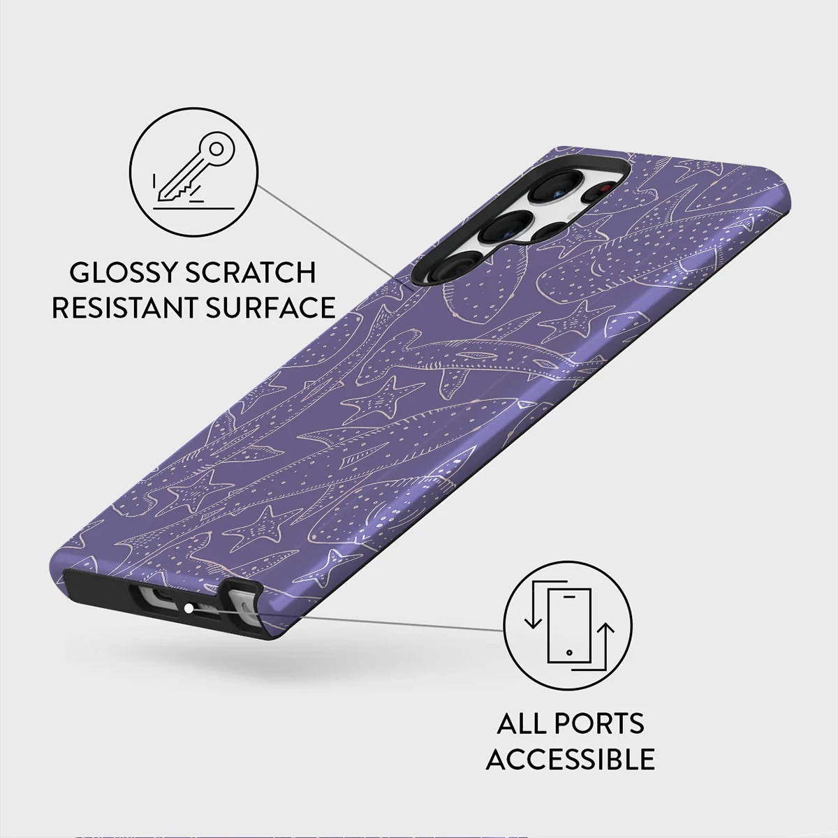 Purple Shark Pattern Shockproof Phone Case - Hard Acrylic Cover