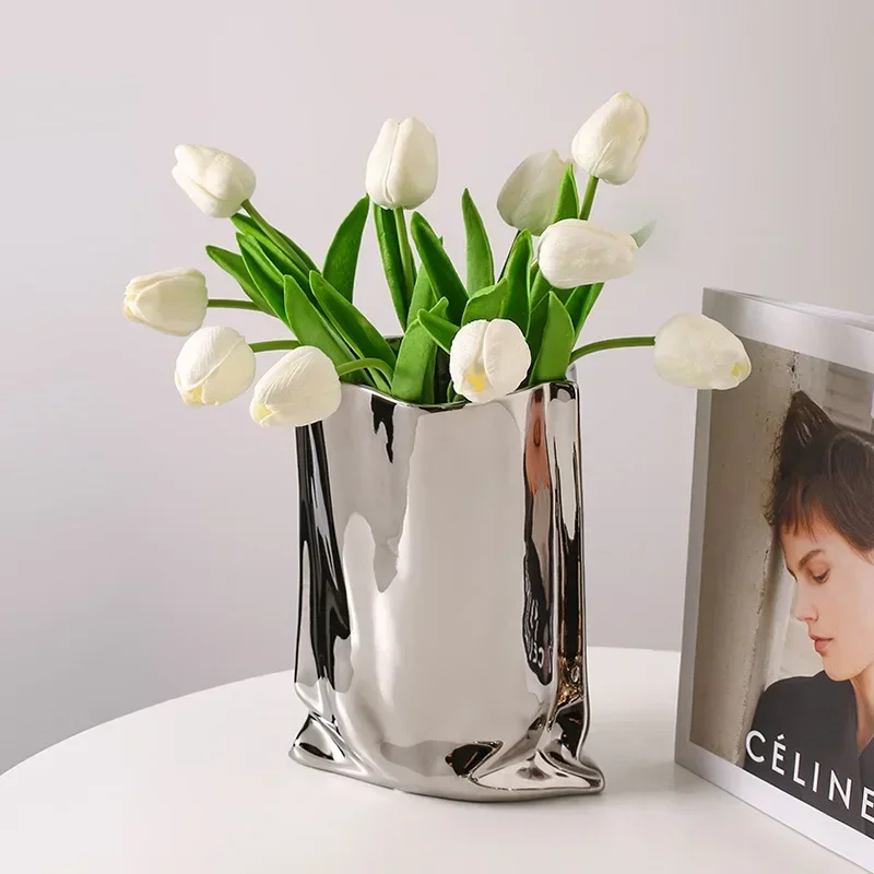 

Silver-plated Ceramic Vase Simple Living Room Paper Bag Flower Arrangement Home Decoration Table Decoration Home Accessories