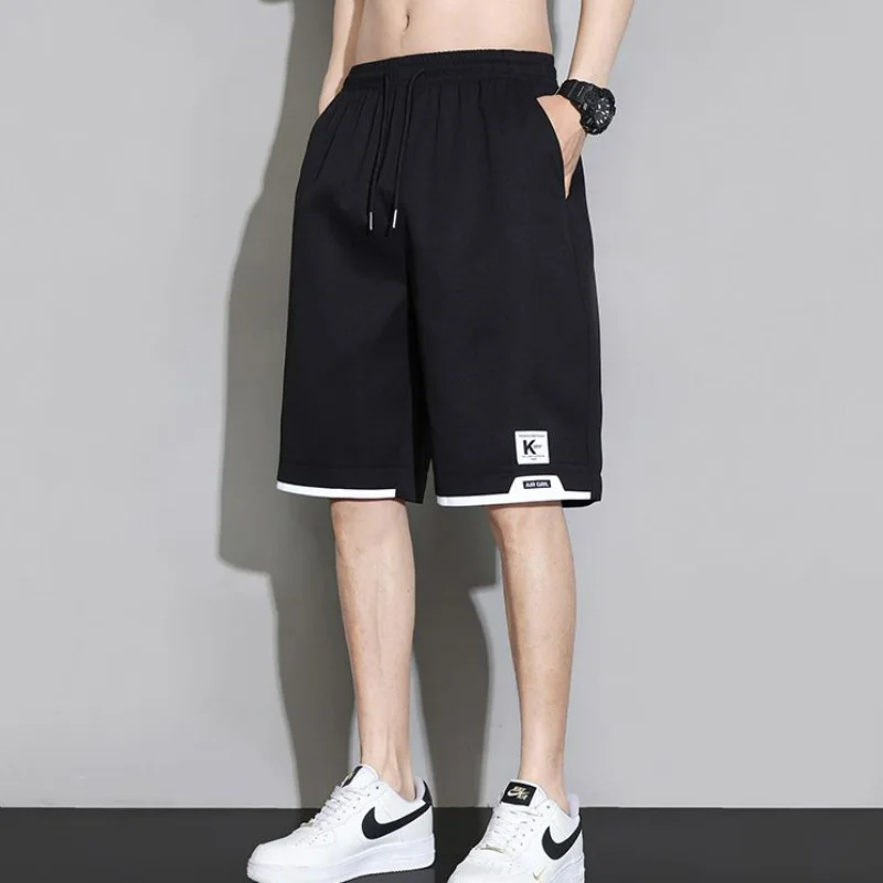 Summer Casual Versatile Loose Sports Shorts Men Panelled Elastic Waist Drawstring Patchwork Pockets Straight Five-Point Pants