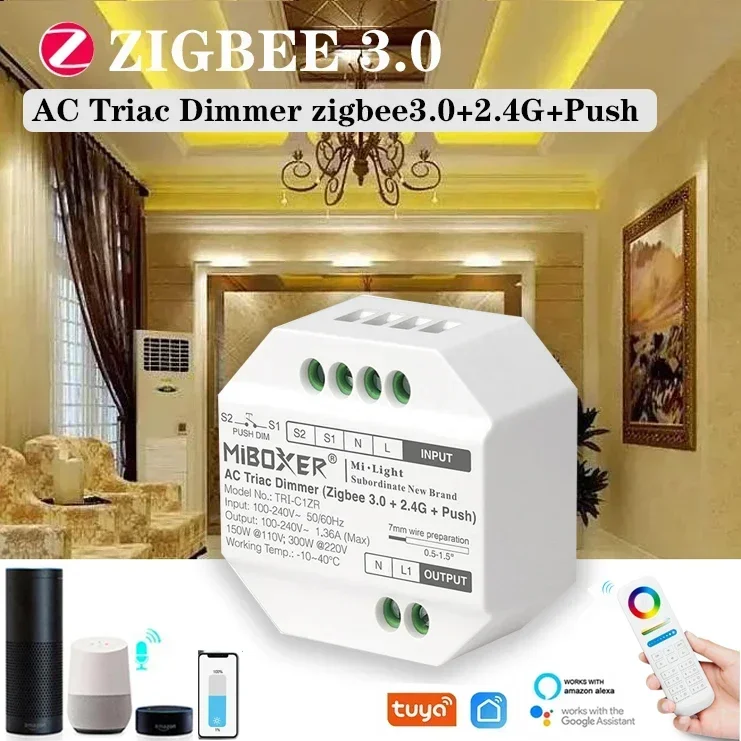 

MiBoxer (ZigBee 3.0+2.4G) AC Triac Dimmer Push Switch RF Push Dimmer TRI-C1ZR 110-240V App /Voice /Remote Control