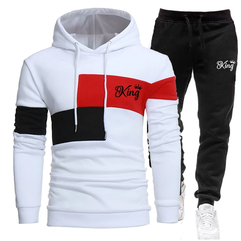 Men's fashionable sports jogging suit casual personalized patchwork printed hooded sportswear set hooded+sports pants sportswear