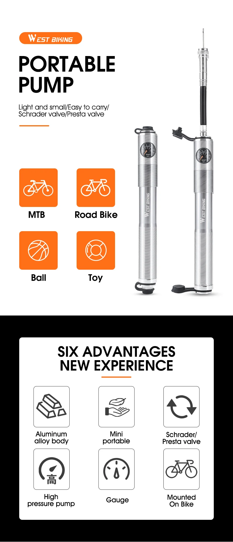WEST BIKING Tragbare Fahrradpumpe mit Manometer und Luftschlauch, max. 160 PSI, Reifenfüller aus Aluminiumlegierung, MTB, Rennrad-Zubehör – Detail 1