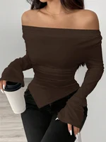 2025 printemps été nouveau femmes col en V épaules dénudées à manches longues conception t-shirt coupe ajustée avec volants irréguliers manches longues haut 2