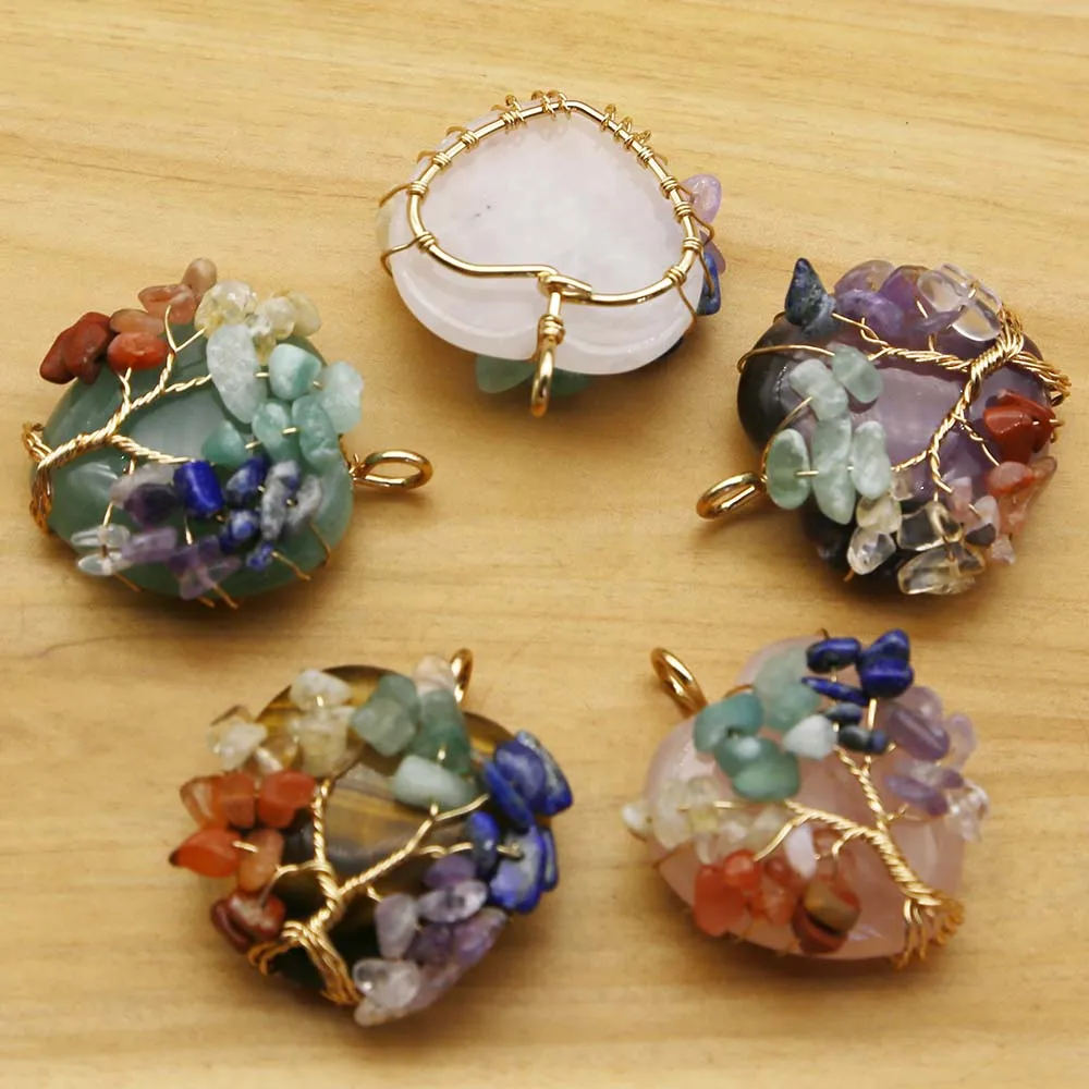 Natural Stone Heart Colorful Fortune Life Tree Pendants Amethyst Rose Quartz Necklace Charms Fashion Jewelry Gift Wholesale 4Pcs