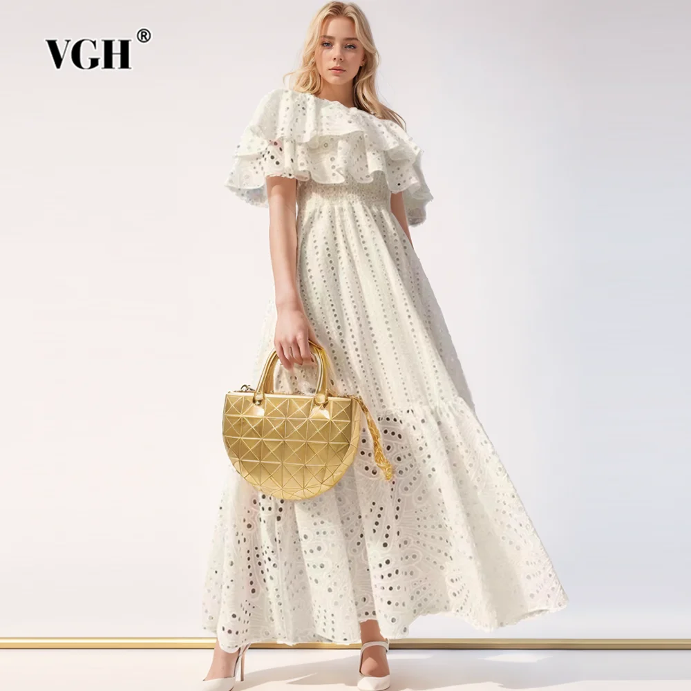 

VGH Solid Hollow Out Embroidery Dresses For Women Slash Neck Short Sleeve Backless High Waist Slimming Dress Female Fashion New