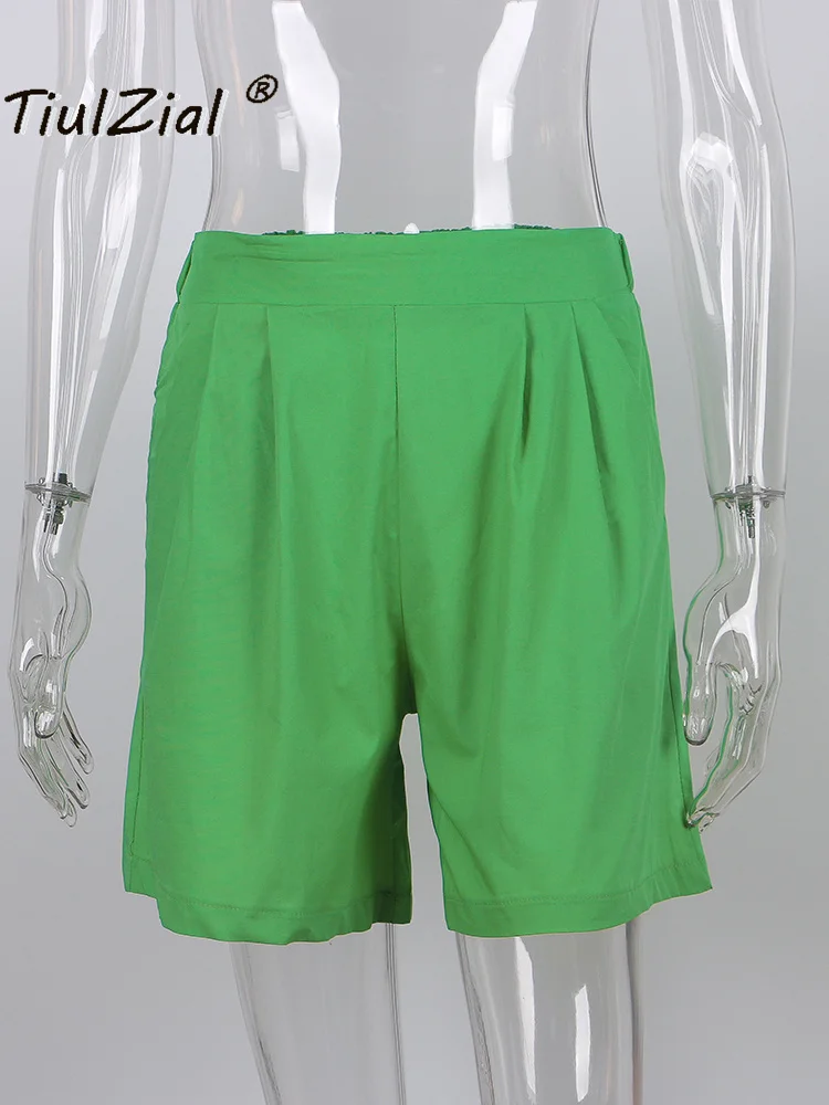 TiulZial Casual Frauen Kurze Set Trainingsanzug Loungewear Zwei Stück Frauen Outfits Übergroßen Langen Hemd Und Hohe Taille Shorts Grün