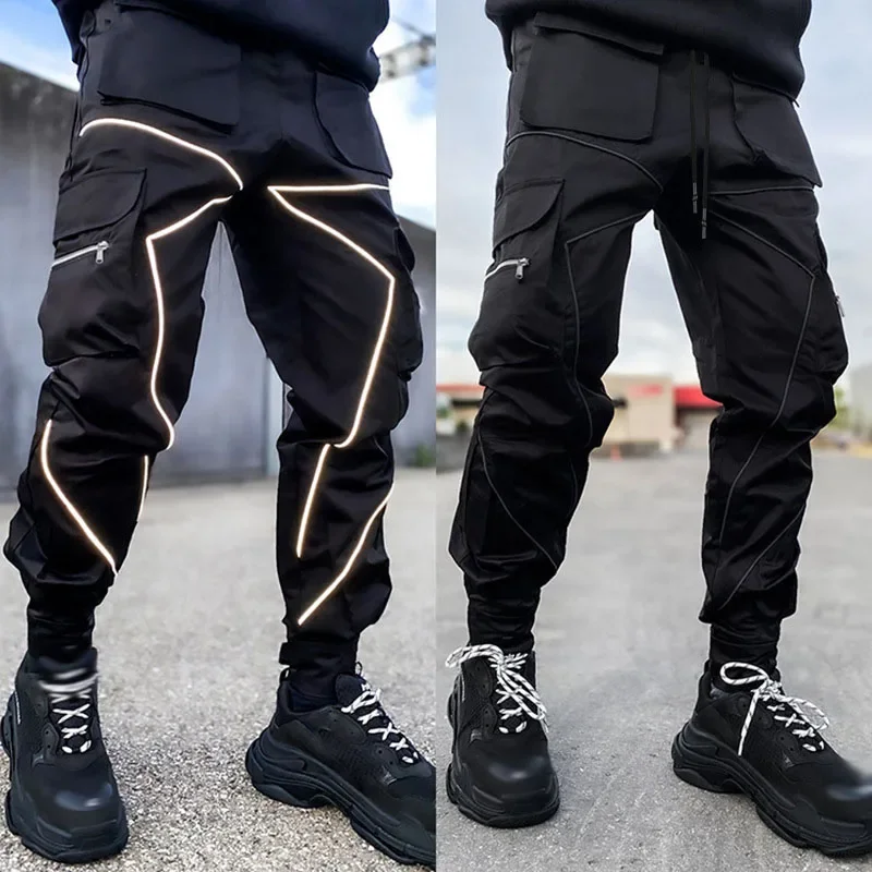 

Mens Casual Black White Patchwork Cargo Pants Loose Plus Size Striped Multi Pocket Jogging Sports Fitness Hip Hop Jogger Trouser