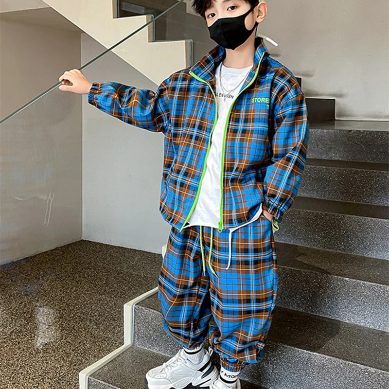 

Boys Suit Coat +Pants Cotton 2Pcs/Sets 2022 Plaid Spring Autumn Sports Sets School Home Children Clothing